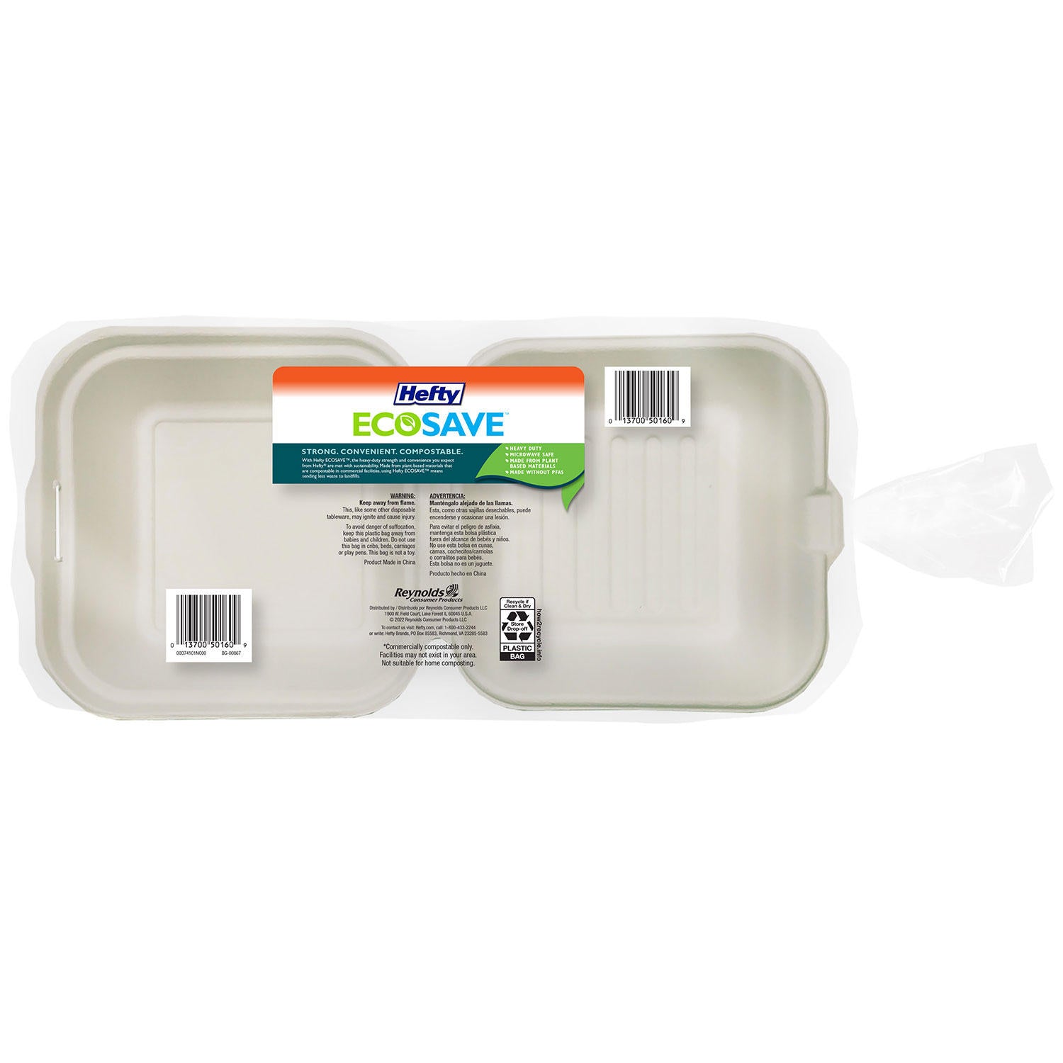 Hefty ECOSAVE Sandwich Hinged Lid Container (6" x 6", 100 ct.)