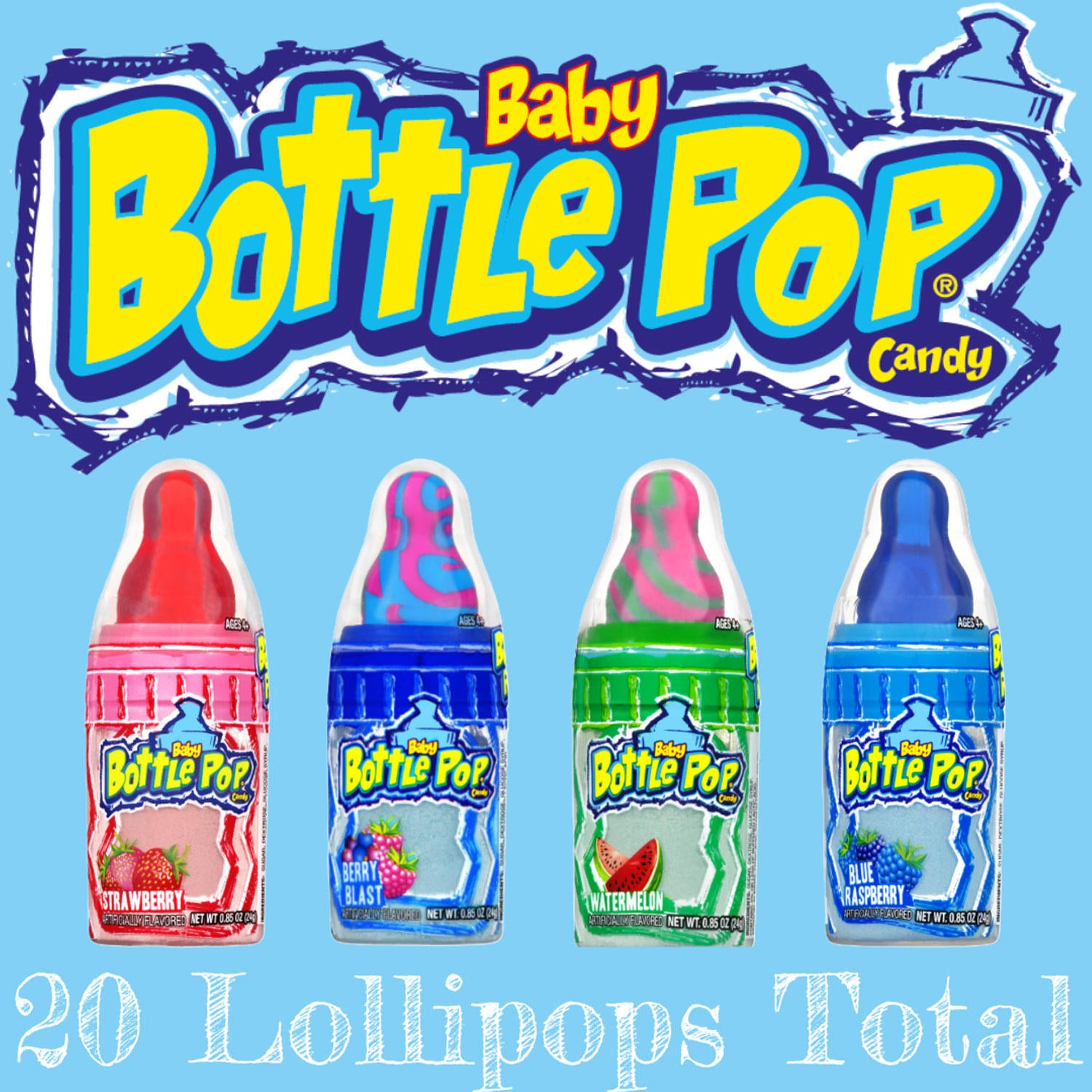 Baby Bottle Pop Original, Assorted Flavor Lollipops with Powdered Candy (0.85 oz., 20 ct.)