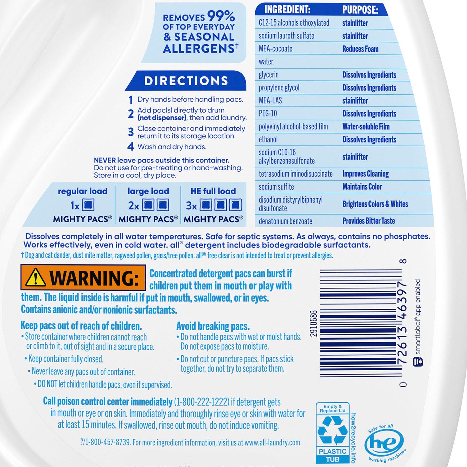 all Mighty Pacs Laundry Detergent, Free Clear for Sensitive Skin (120 ct.)