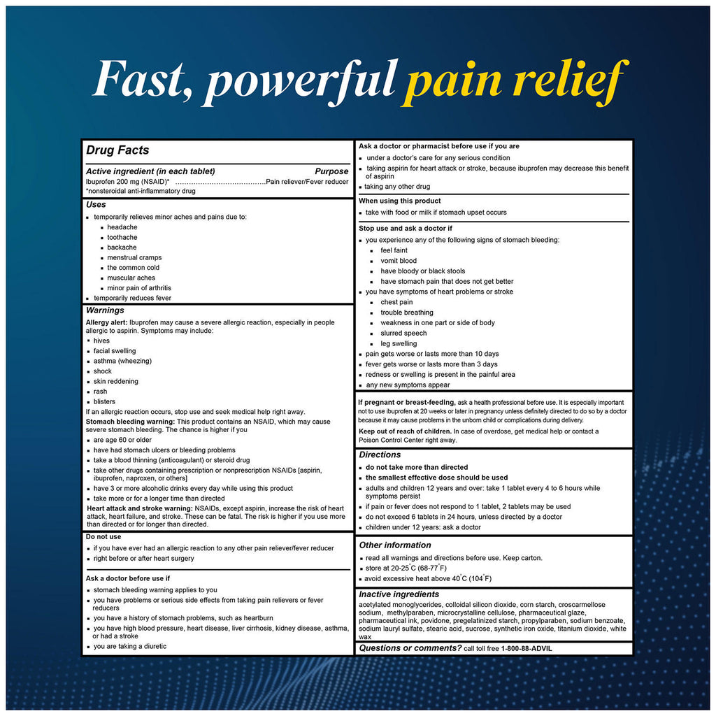 Advil Pain Reliever / Fever Reducer Coated Tablets, 200 mg. Ibuprofen (360 ct.)