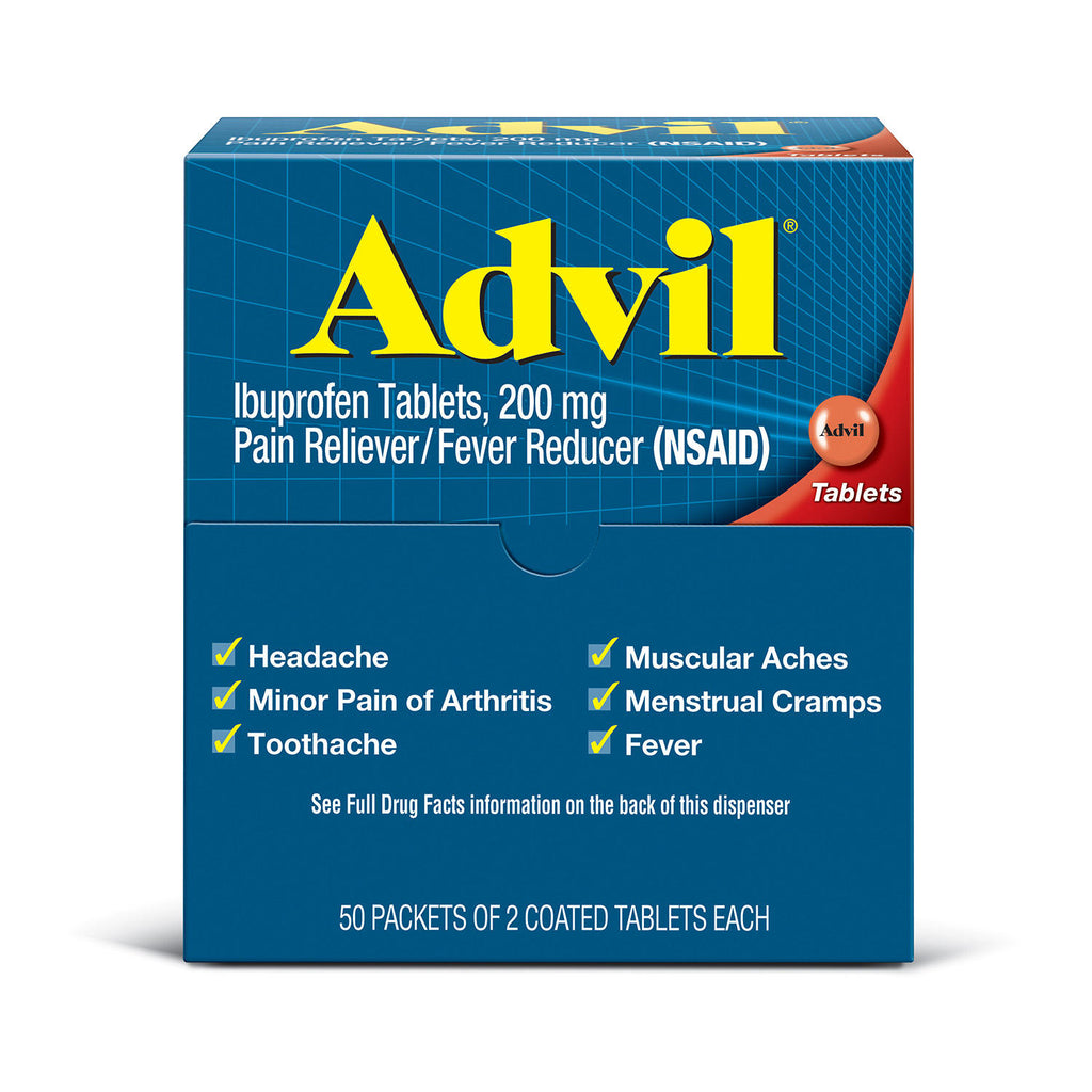 Advil Pain Reliever / Fever Reducer Coated Tablet,  200 mg. Ibuprofen (50 pk., 2 tablets/pk.)