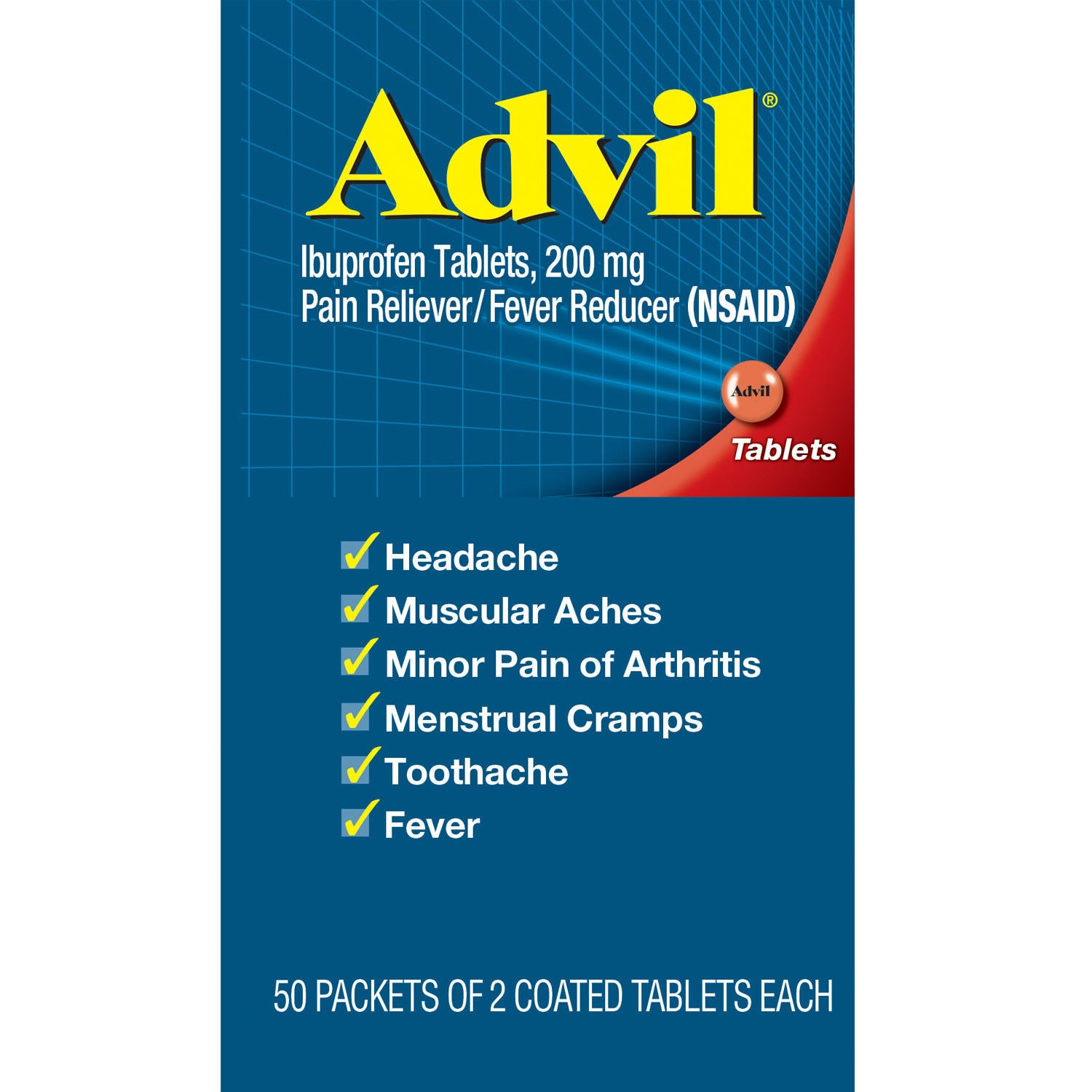Advil Pain Reliever / Fever Reducer Coated Tablet,  200 mg. Ibuprofen (50 pk., 2 tablets/pk.)
