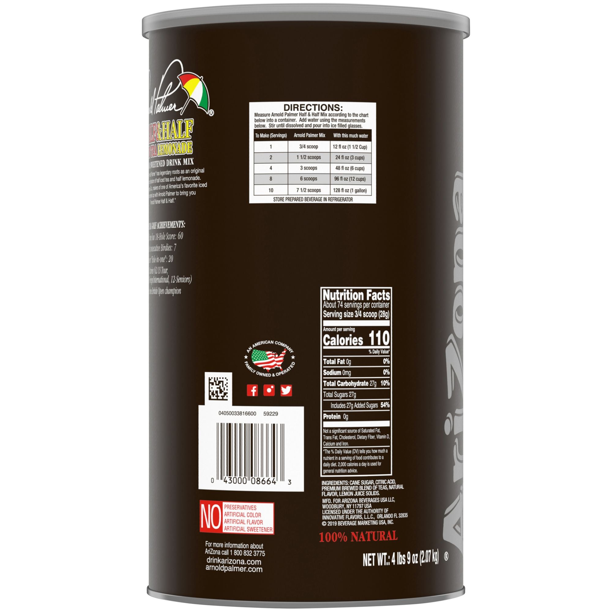 Arizona Arnold Palmer Half and Half Iced Tea and Lemonade Mix, 73 oz.